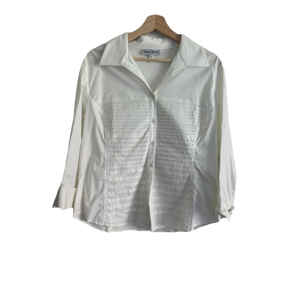 Vintage Women’s White Collared Button Front Pintuck Cotton Blend Blouse XL